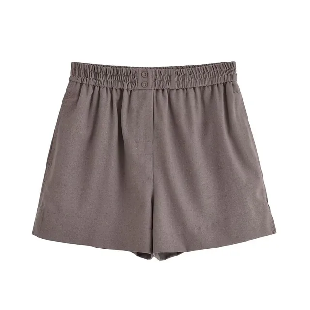 Long Linen Sleeves V neck Shirt Mid waist Shorts Camel Colored Pants - Shop at LoveMi