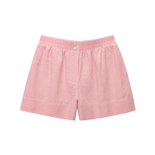 Long Linen Sleeves V neck Shirt Mid waist Shorts Pink Pants - Shop at LoveMi