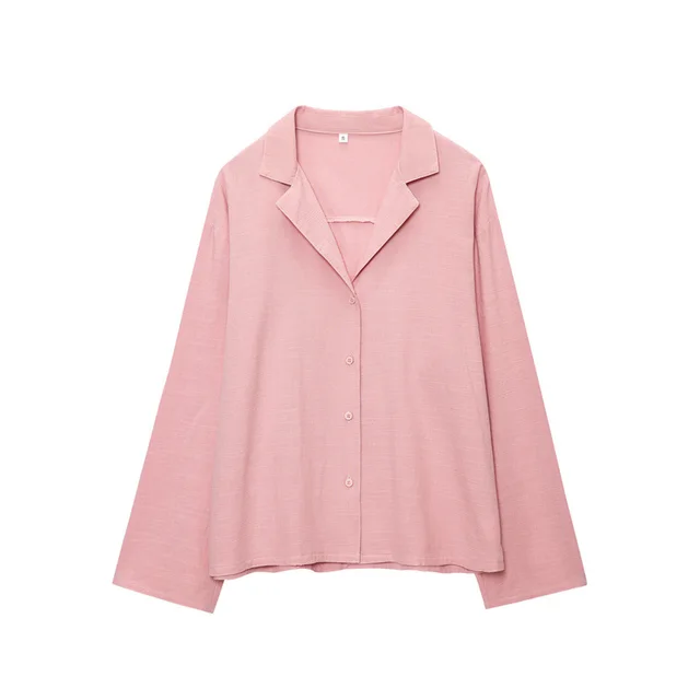 Long Linen Sleeves V neck Shirt Mid waist Shorts Pink Top - Shop at LoveMi