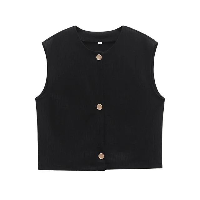 Round Neck Decorated Row Button Sleeveless Texture Vest Black - Shop at LoveMi