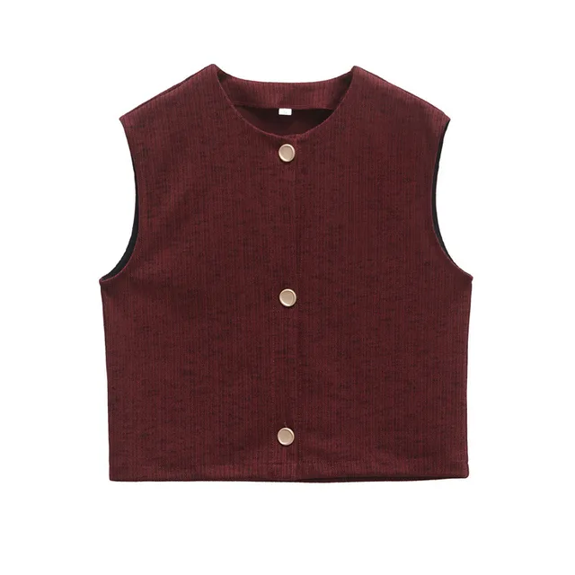 Round Neck Decorated Row Button Sleeveless Texture Vest Wine Red - Shop at LoveMi