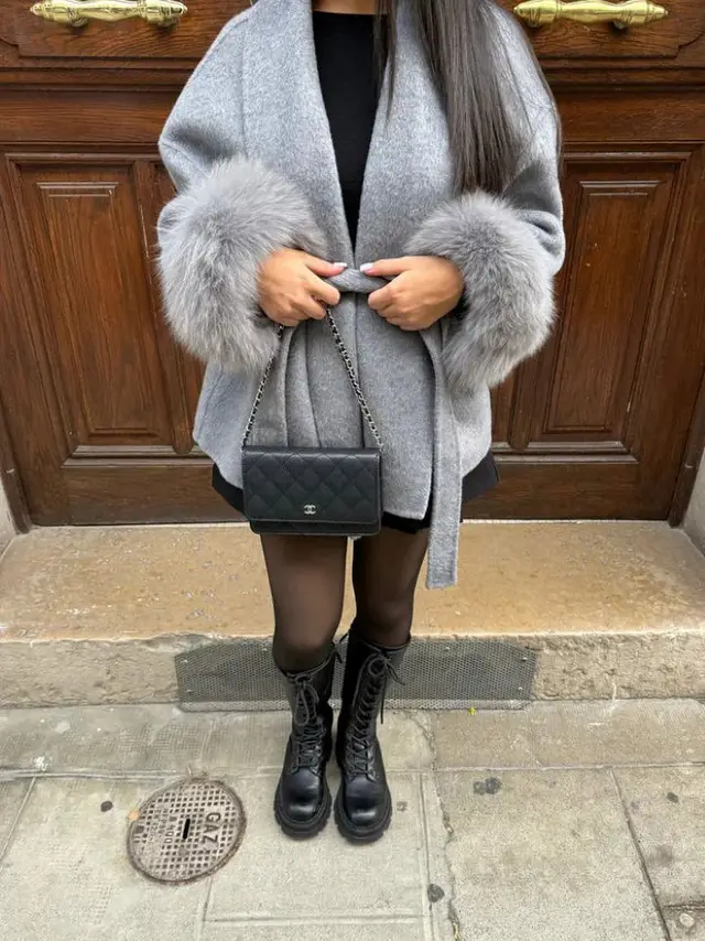 Furry Sleeves Overcoat Long Coat Light Gray - Shop at LoveMi