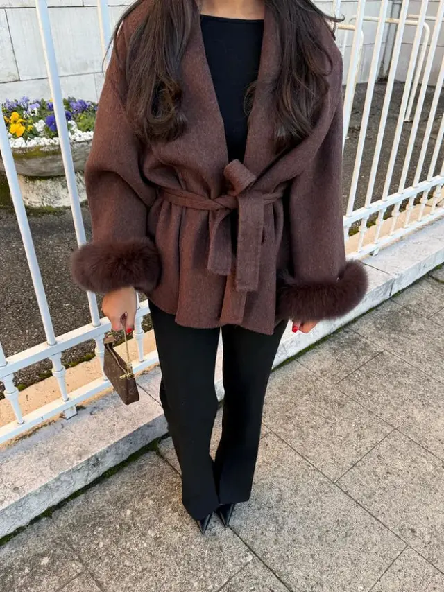 Furry Sleeves Overcoat Long Coat Reddish Brown - Shop at LoveMi