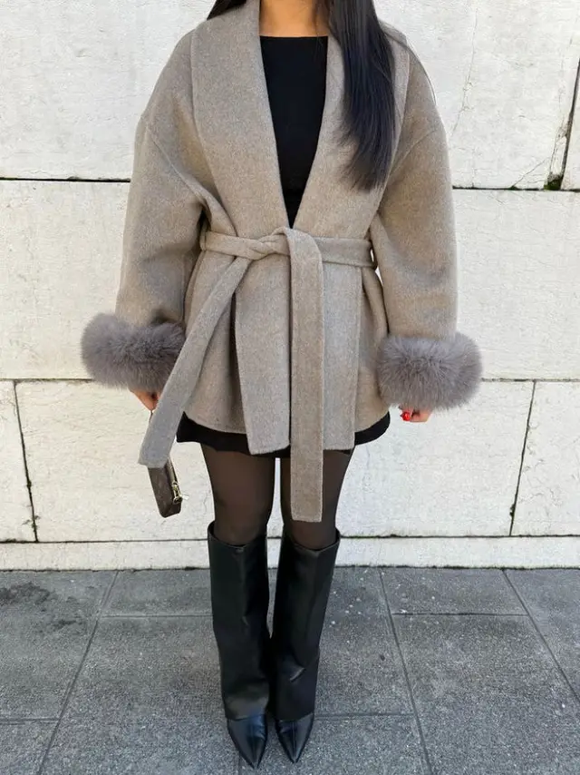 Furry Sleeves Overcoat Long Coat Taupe - Shop at LoveMi
