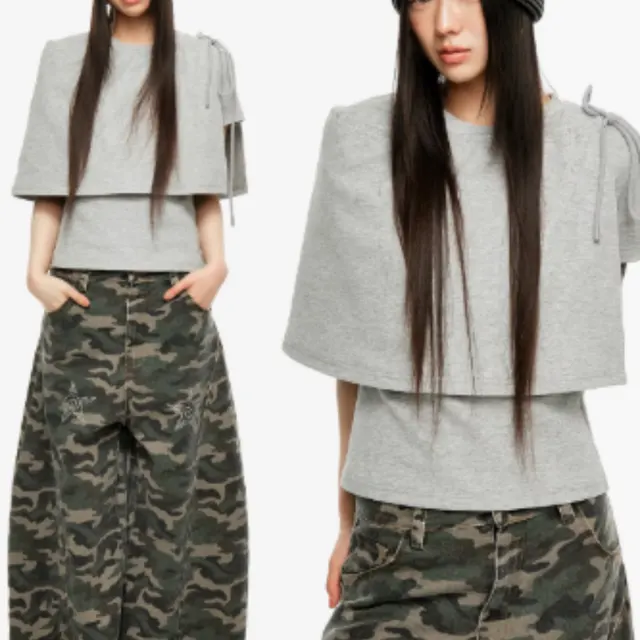 Strap Fart Curtain Round Neck Short Sleeved Shoulder T shirt For Women Flower Grey - Shop at LoveMi