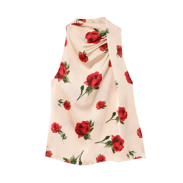 Straight Floral Print Backless Hanging Collar Satin Sleeveless Shirt Picture Color - Shop at LoveMi