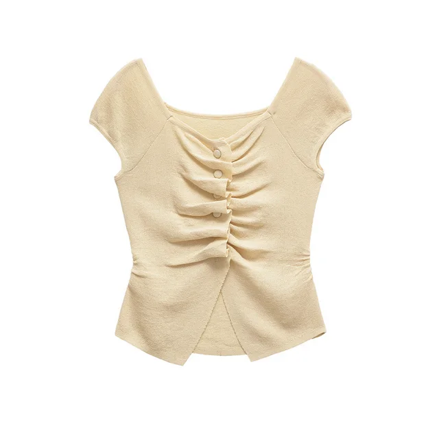 Elegant High grade Peach Collar Pleated Slim fit Short sleeved T shirt Picture Color - Shop at LoveMi