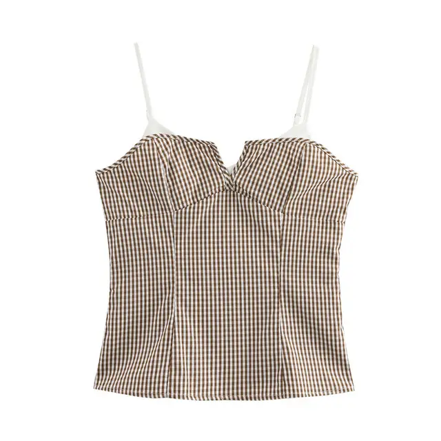 European And American Style French Fashion Stitching Small Plaid Stretch Top - Shop at LoveMi