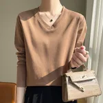 Women's V-neck Cotton Top - Dark Coffee Color - View 1