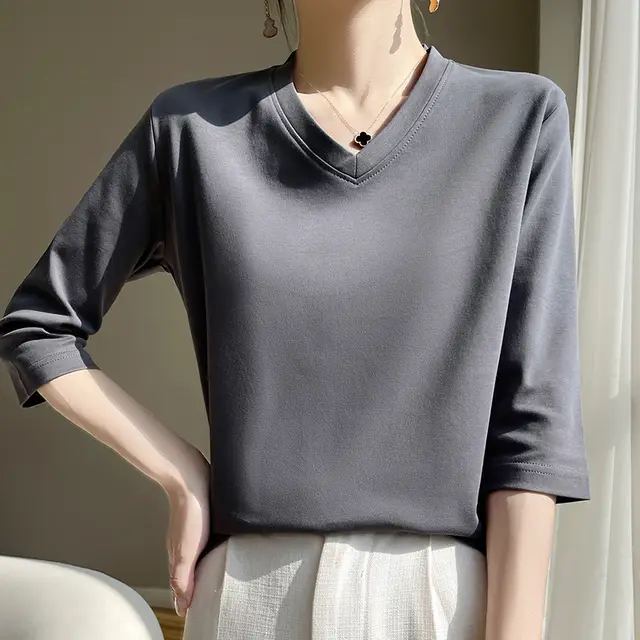 Women's V neck Cotton Top Dark Gray - Shop at LoveMi