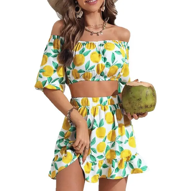 Women's Lemon Printing Off the shoulder Short Top Ruffled Hem Skirt Yellow - Shop at LoveMi