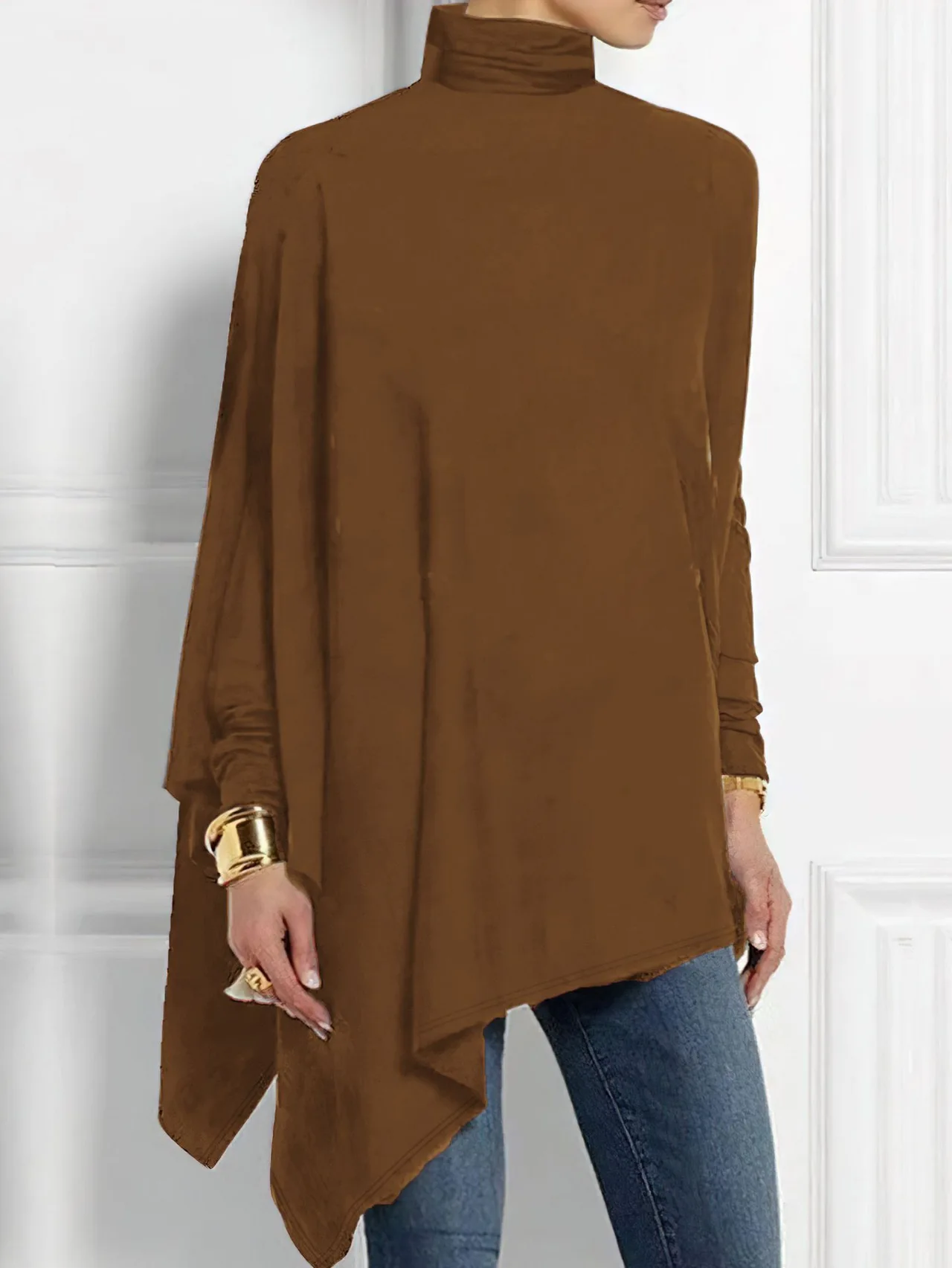 Women's Long-sleeved Irregular Bottoming Top - 8024 Brown