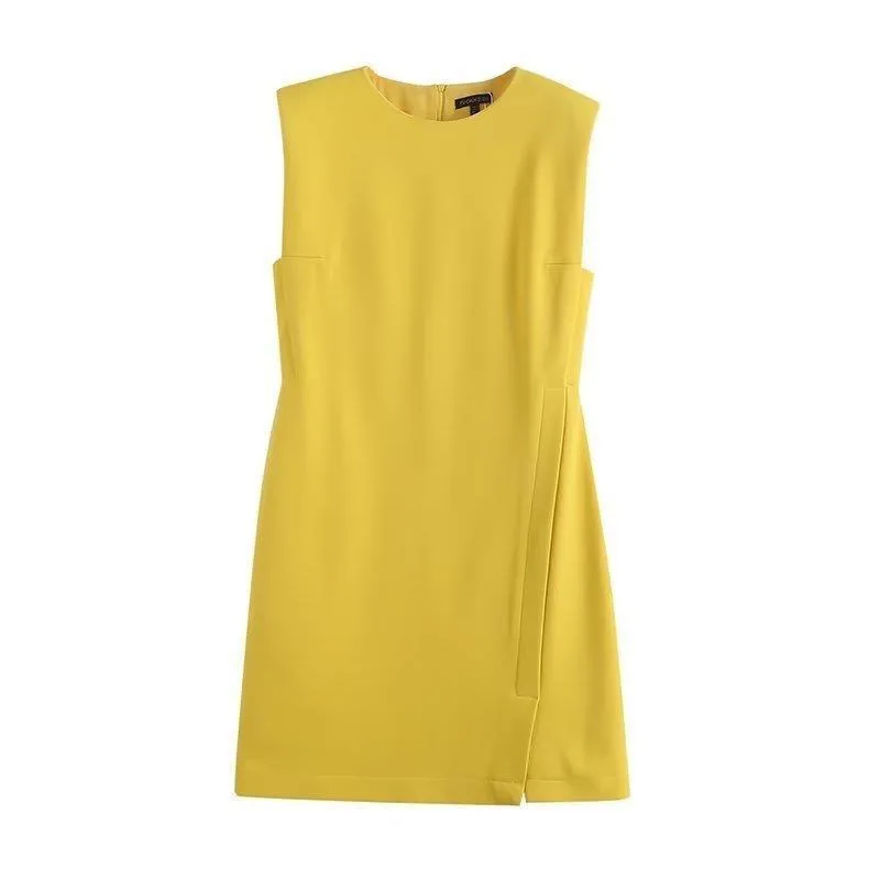 Women's Solid Color Round Neck Straight Slim Fit Slit Dress Yellow - Shop at LoveMi