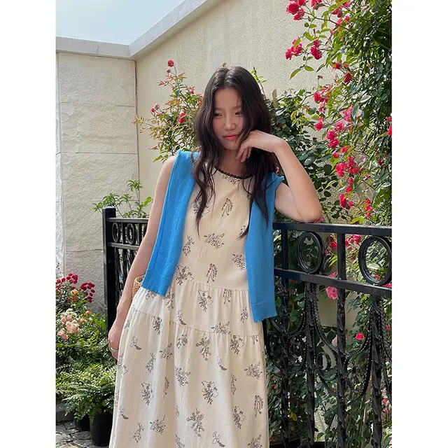 Retro Printed Waist controlled Slimming Dress Women's Summer New Apricot - Shop at LoveMi