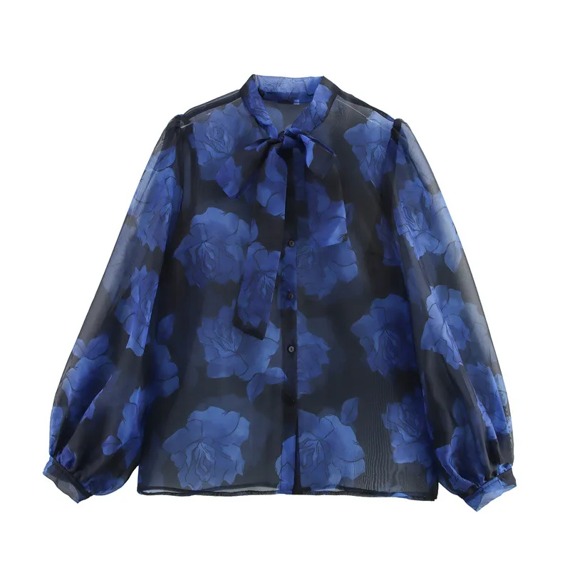 Organza Printed Lace up Shirt Picture Color 2Xl - Shop at LoveMi