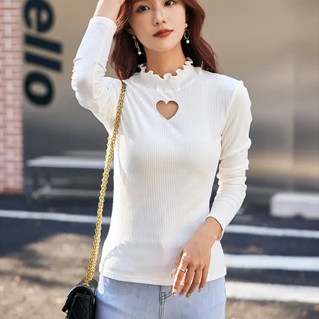 Long Sleeve Bottoming Shirt Women's Hollow Embroidered Top White - Shop at LoveMi