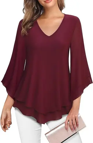 Women's Summer 34 Flare Sleeve Top - Wine Red