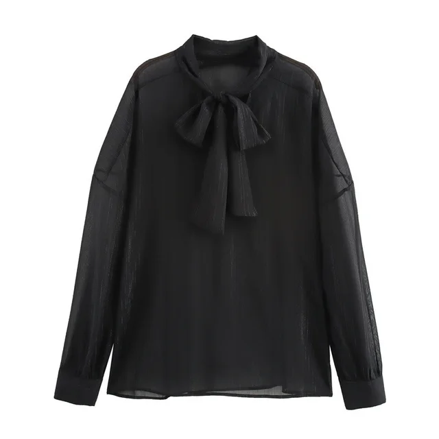 European And American Fall Women's Clothing New Loose Black Bow Collar Long Sleeve Shirt - Shop at LoveMi