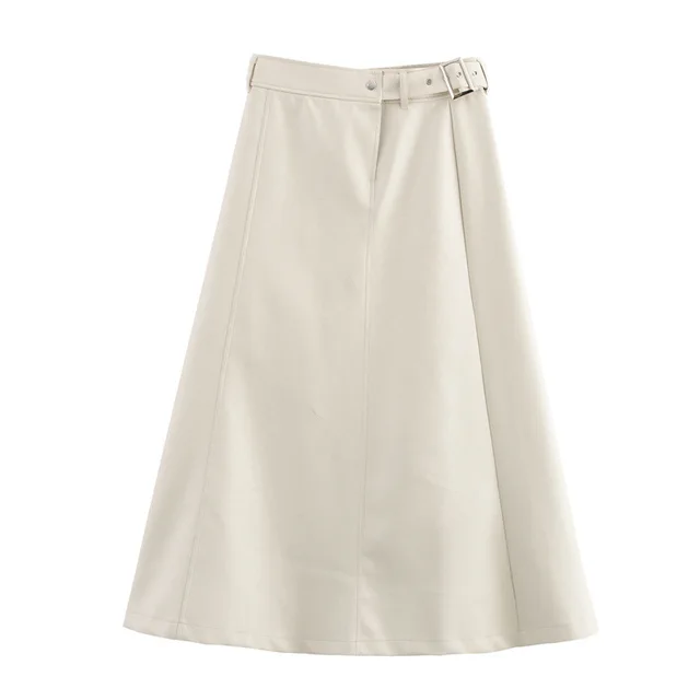 High Waist Pure Color With Belt A Line Faux Leather Midi Skirt Skirt Picture Color - Shop at LoveMi