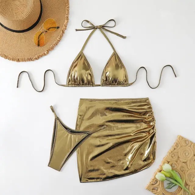 Women's Bronzing Fabric Top Halter Strap Swimsuit Set Golden Yellow - Shop at LoveMi