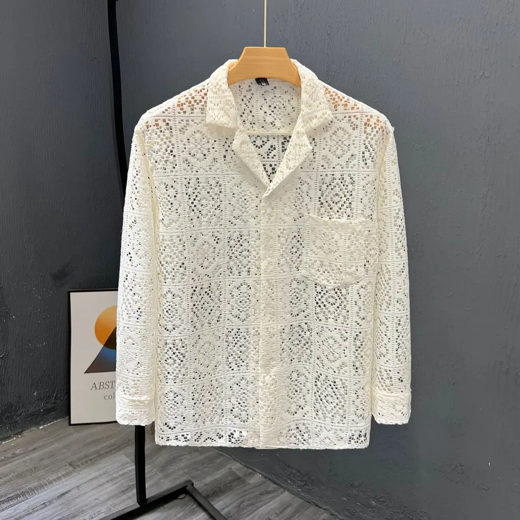 Long Sleeve Hollow Design Thin Cool Breathable Shirt - Apricot