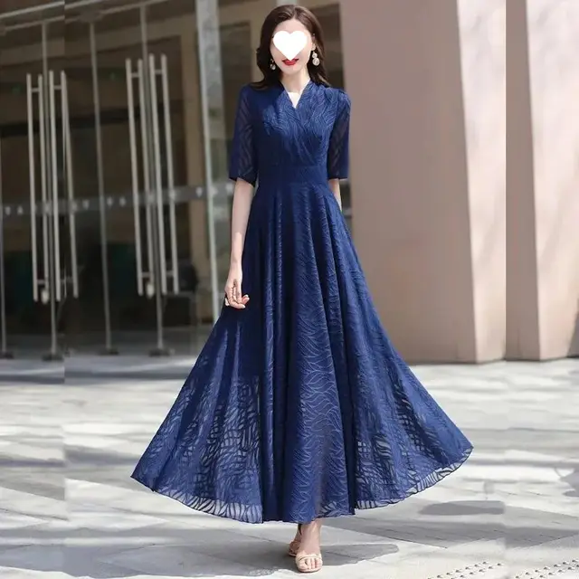 Women's Fashion Elegant V neck Swing Dress 8003 Royal Blue - Shop at LoveMi