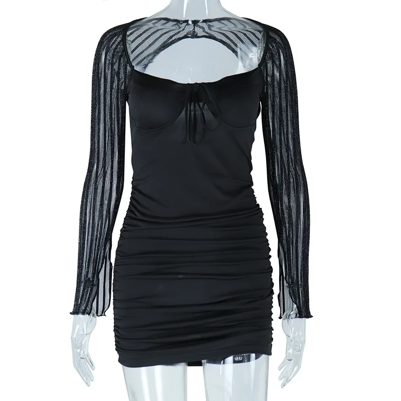 Women's Lace Screen Color Contrast Patchwork Dress Black - Shop at LoveMi