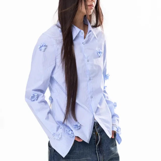 Cotton Long Sleeved Striped Shirt For Women, Loose Fit Slim Fit Shirt Sky Blue - Shop at LoveMi