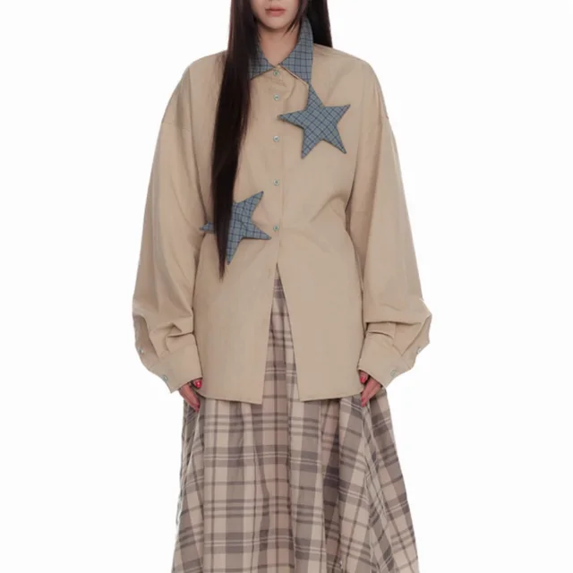 Color Blocking Patchwork Striped Back Strap Versatile Shirt For Women Apricot Yellow - Shop at LoveMi