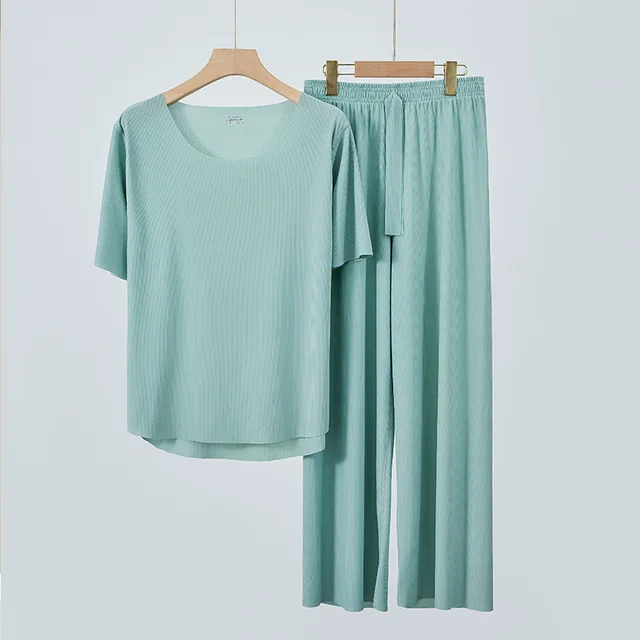 Men's And Women's Short sleeved Simple And Seamless Solid Color Pajamas Suit Female Green - Shop at LoveMi