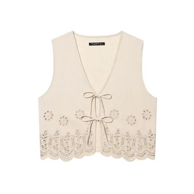 Women's All matching Hollow Embroidered V neck Lace up Sleeveless Waistcoat Vest Apricot - Shop at LoveMi