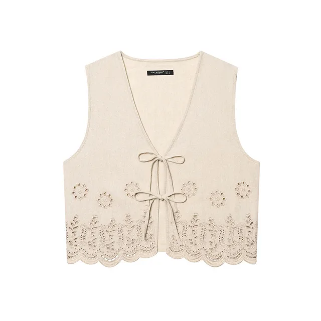 Women's All matching Hollow Embroidered V neck Lace up Sleeveless Waistcoat Vest Apricot - Shop at LoveMi