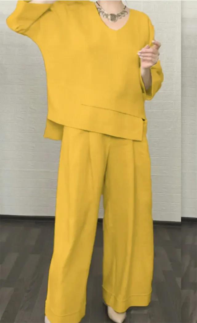 Solid Color Round Neck Long Sleeve Casual Top Straight leg Pants Two piece Set Yellow - Shop at LoveMi