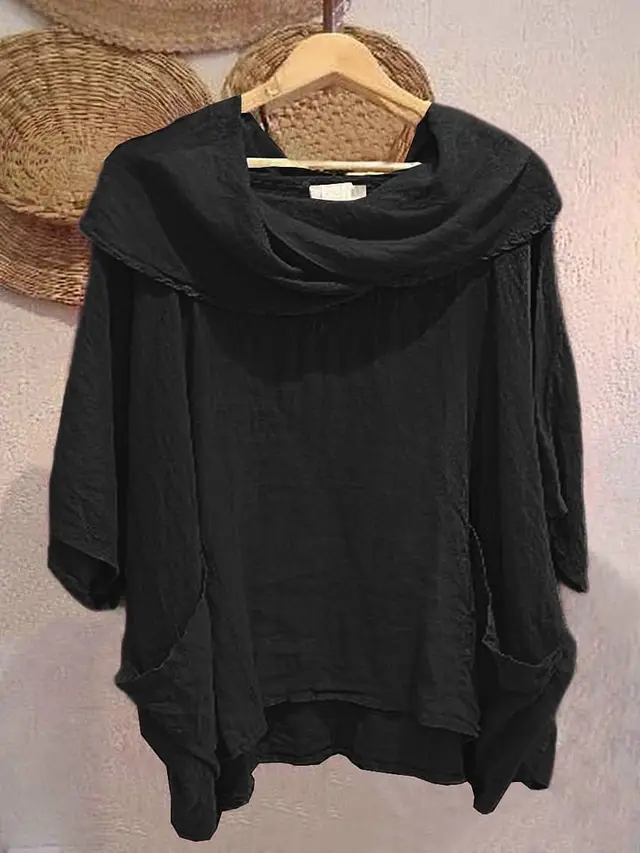 Women's Draped Neckline Three quarter Sleeve Linen Pocket Top Black - Shop at LoveMi