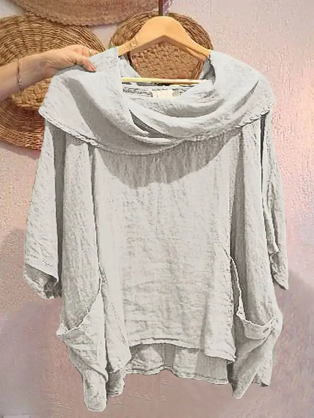 Women's Draped Neckline Three quarter Sleeve Linen Pocket Top Light Gray - Shop at LoveMi
