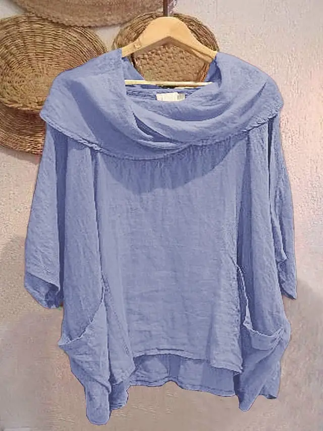 Women's Draped Neckline Three quarter Sleeve Linen Pocket Top Sky Blue - Shop at LoveMi