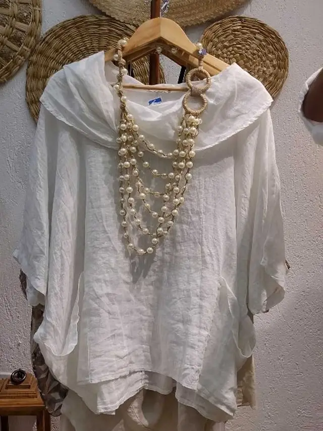 Women's Draped Neckline Three quarter Sleeve Linen Pocket Top White - Shop at LoveMi