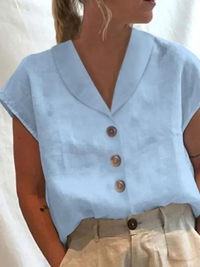 Women's Short sleeved Solid Color Slim fit Stand up Collar Shirt Blue - Shop at LoveMi