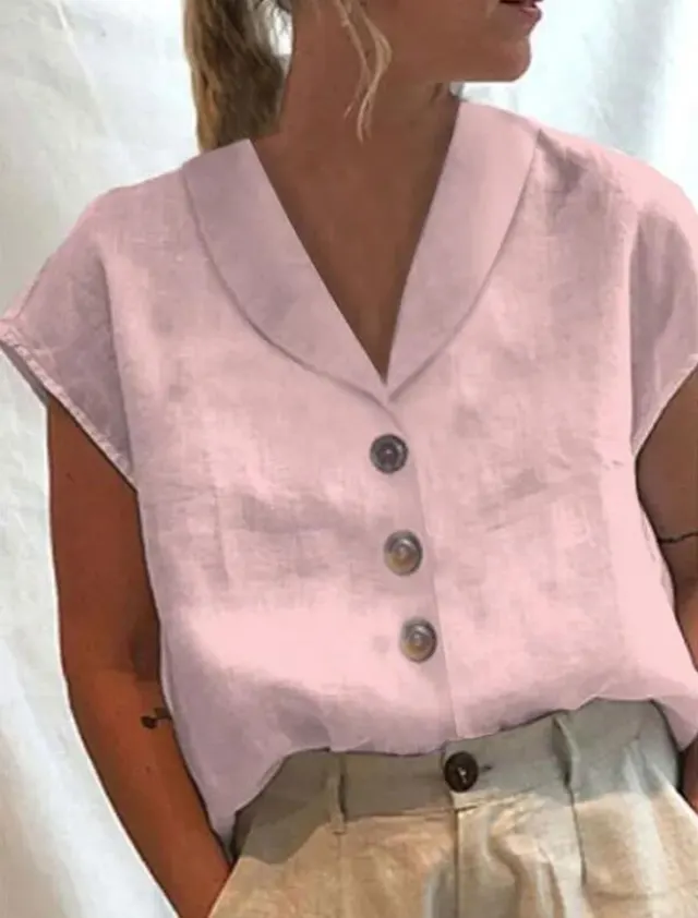 Women's Short sleeved Solid Color Slim fit Stand up Collar Shirt Pink - Shop at LoveMi