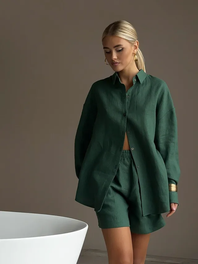 Long Sleeve Cardigan Shorts Suit Simple Dark Green - Shop at LoveMi