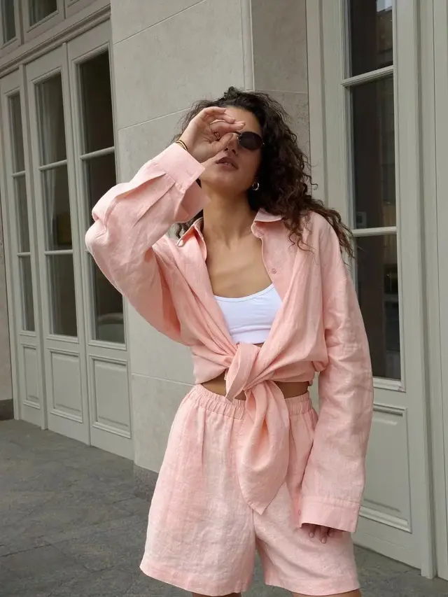 Long Sleeve Cardigan Shorts Suit Simple Light Pink - Shop at LoveMi