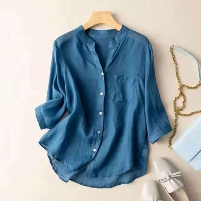Temperament Leisure Style Artistic Retro Solid Color Summer Thin Cotton And Linen Shirt Dark Blue - Shop at LoveMi