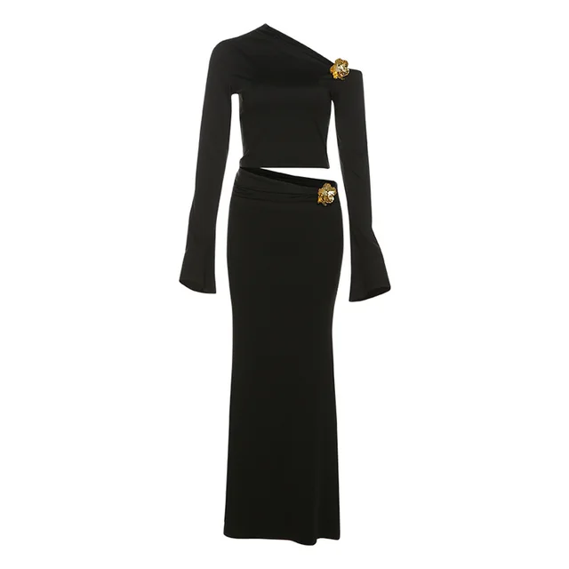 Diagonal Collar Three dimensional Decoration High Waist Slim Fit Long Dress Suit Black - Shop at LoveMi