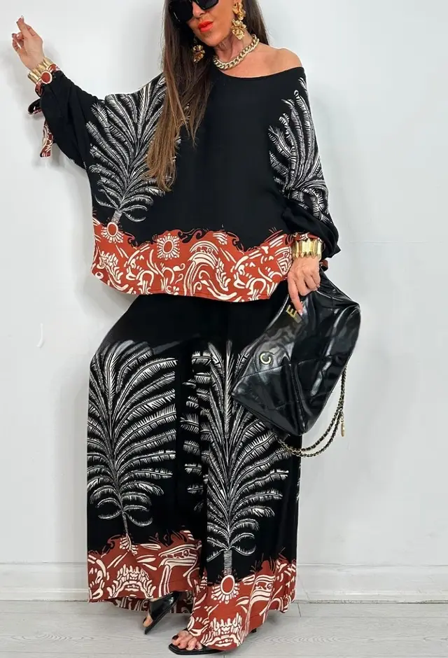Vintage Floral Print Long Sleeves Top Wide Leg Pants Suit Black - Shop at LoveMi