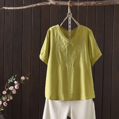 Women's T shirt Cotton And Linen Embroidery Loose Fashion Ginger Yellow - Shop at LoveMi