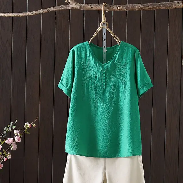 Women's T shirt Cotton And Linen Embroidery Loose Fashion Green - Shop at LoveMi