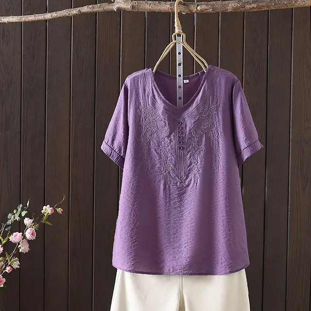 Women's T shirt Cotton And Linen Embroidery Loose Fashion Purple - Shop at LoveMi