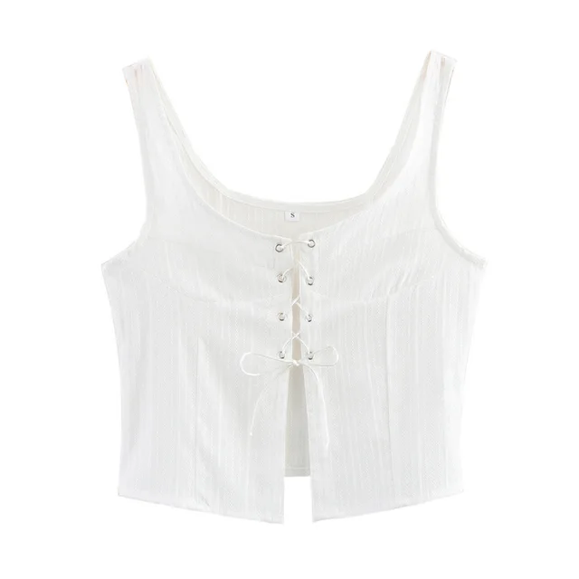 American Style Trendy Solid Color White Strap Top With Rope Sleeveless Short - Shop at LoveMi