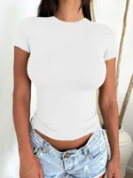 European And American Sexy Slim-fit Slimming Solid Colour Short Sleeve - White