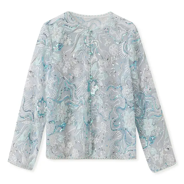 Sequined Round Neck Top Pearl Embroidery Coat Klein Blue - Shop at LoveMi